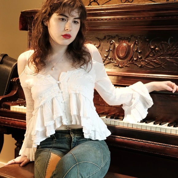 Free people Woodstock gauze open shoulder top - Picture 1 of 6